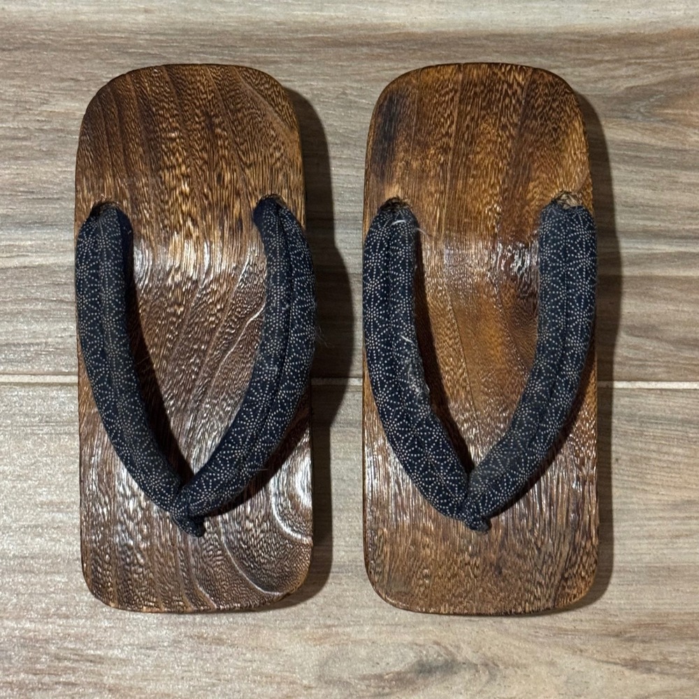 Vintage Japanese Geta Wooden Sandals Kimono Yukata Platform Clogs Brown Blue